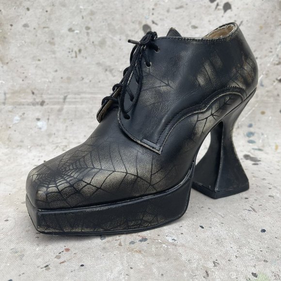 Vintage OG 90’s London Underground Spiderweb Print Leather Coffin Heel Platforms - Picture 4 of 8